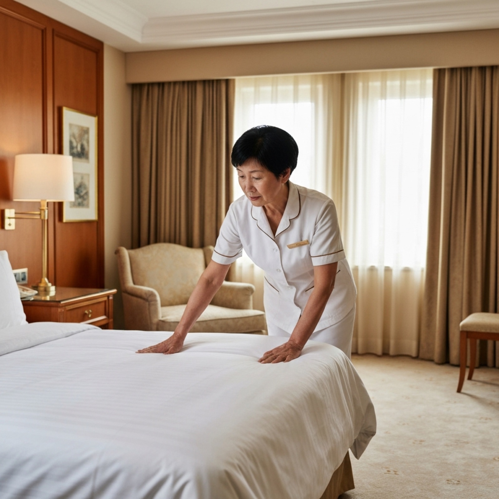 Professional housekeeper preparing a luxury room