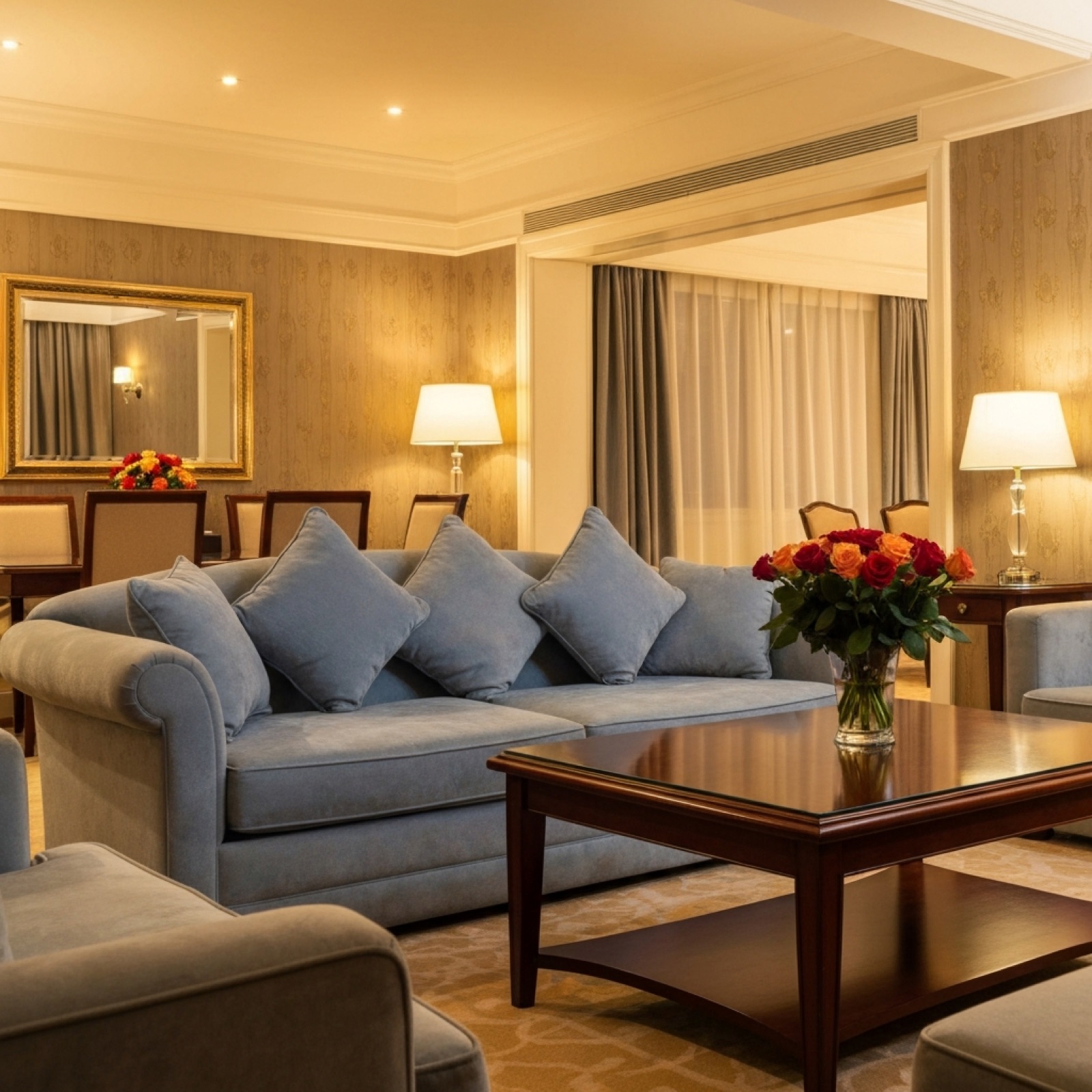 Spotless hotel suite living area